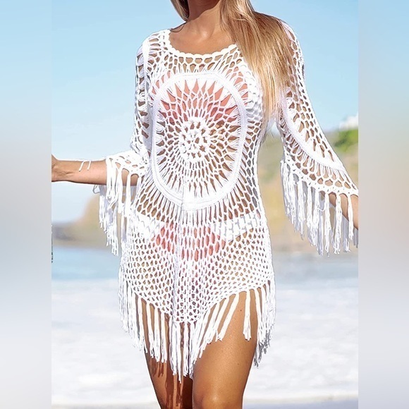 CUPSHE White Crochet swim cover up boho Tassel Three Quarter Sleeve size S - Picture 6 of 9